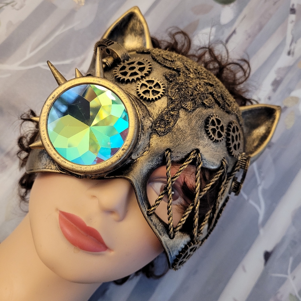 Cat Steampunk Mask Antiqued Gold-tone Lace, Spikes, & Gears Rainbow Kaleidescope - Picture 16 of 16